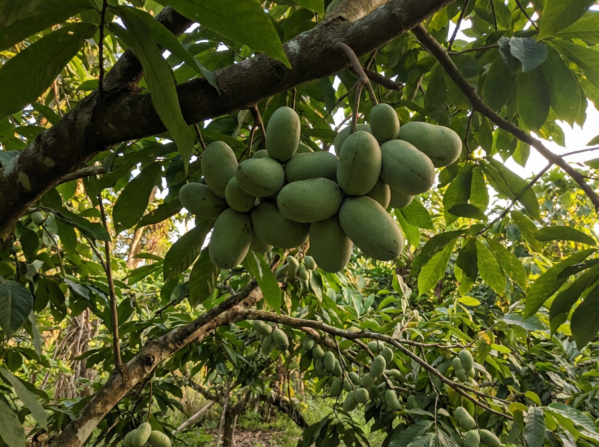 Abundant pawpaw fruit cluster on the tree