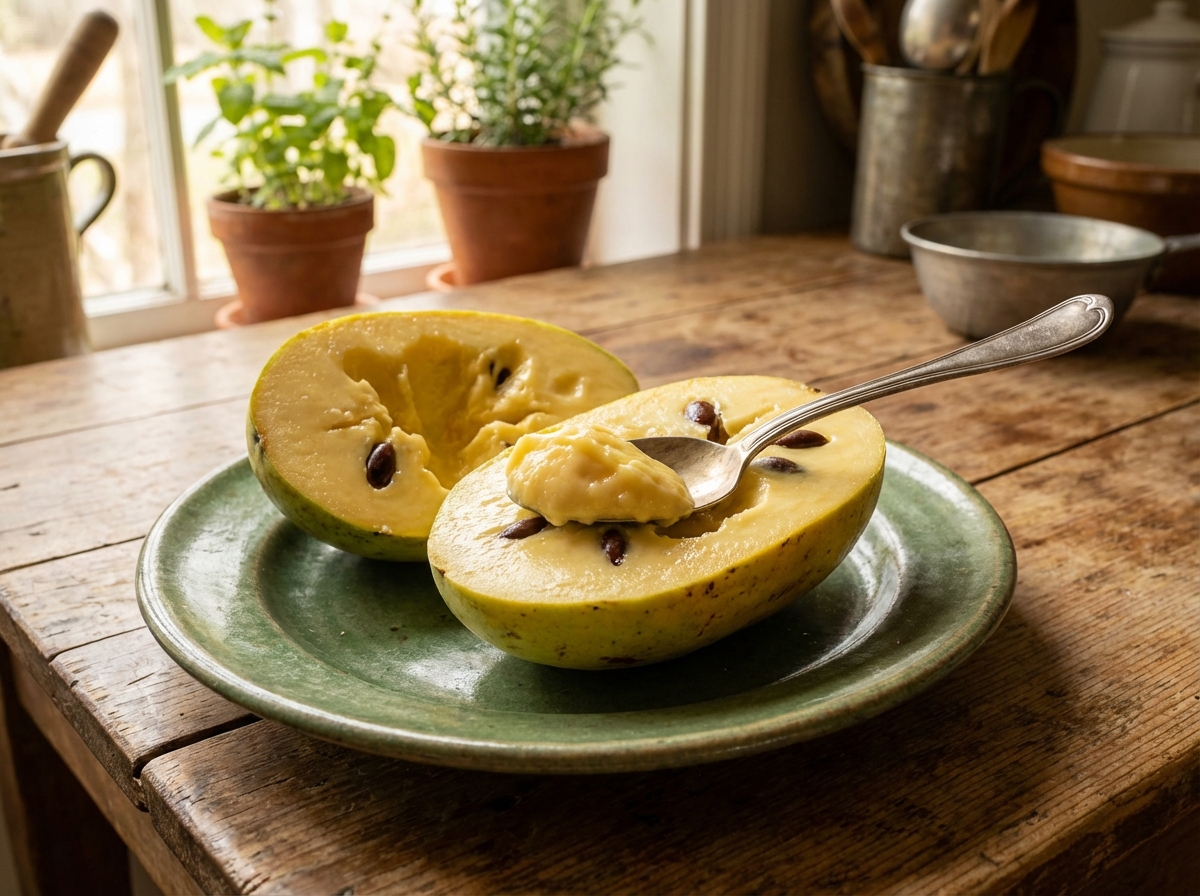 Creamy pawpaw fruit scooped with a spoon